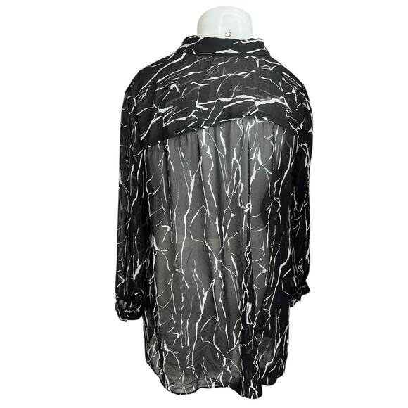 Sejour Black White Chiffon Long Sleeve Sheer Collar Button Down Shirt Top 20W - Picture 2 of 5